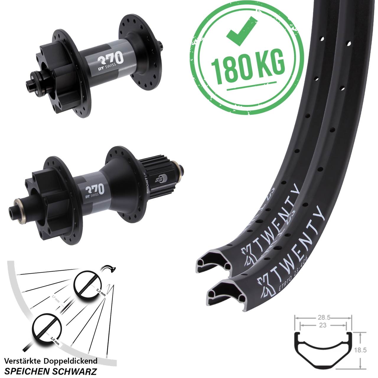 KX Twenty DT Swiss 370 Hybrid 6-loch Disc 20 Zoll Laufrad-Satz QR Micro Spline
