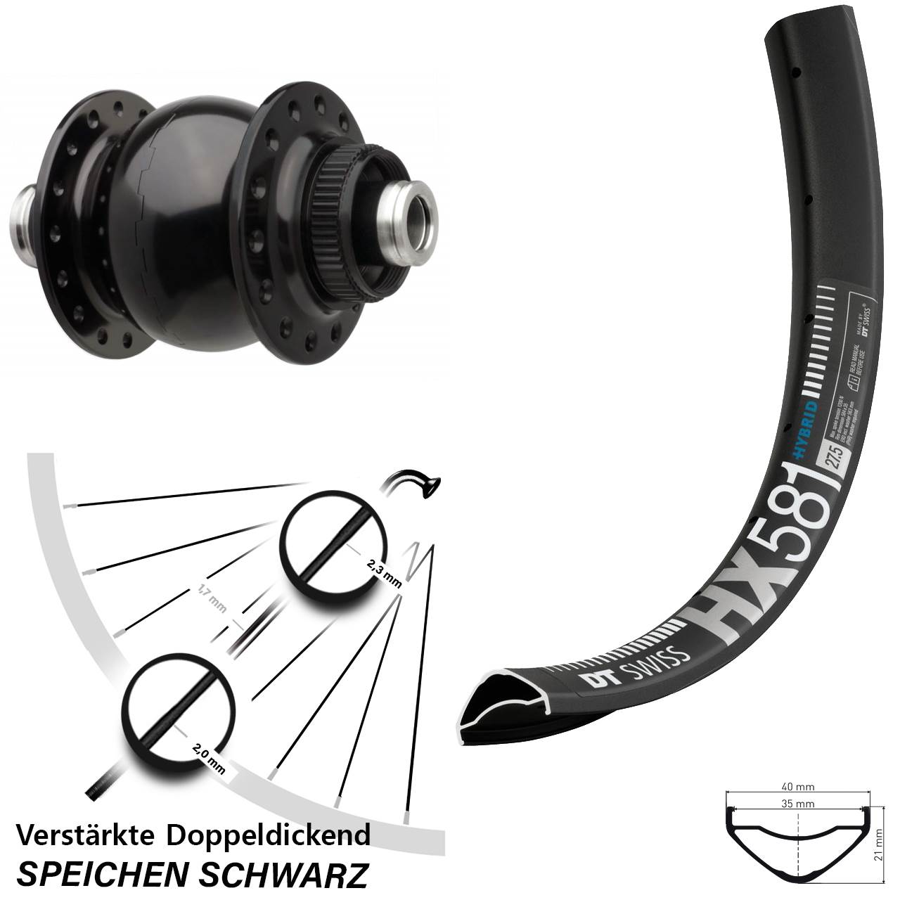 Centerlock Vorderrad mit Dynamo 27,5 Zoll DT Swiss HX581 SON 28 12x110 Boost
