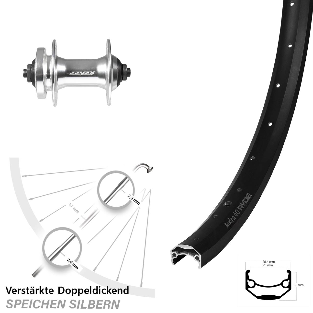 27,5 Zoll Ryde Andra 40 Disc Formula DC21 Vorderrad 6-Loch für Schnellspanner