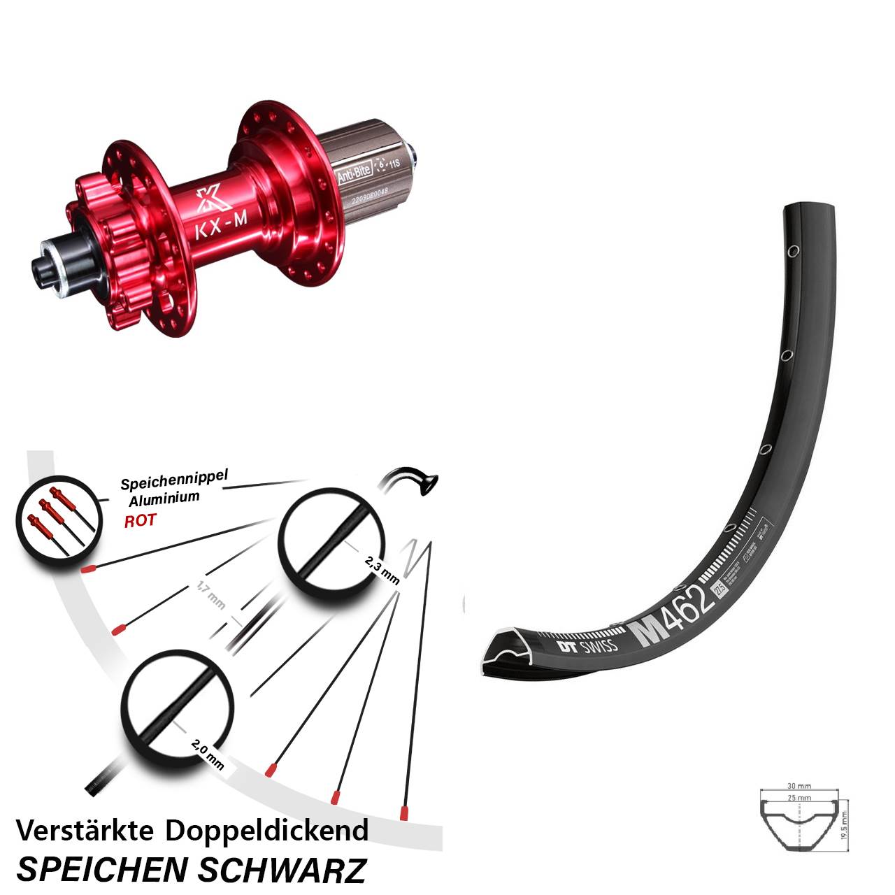 650B Hinterrad DT Swiss M462 KX-M rot Disc 6-Loch 8-12 fach HG QR