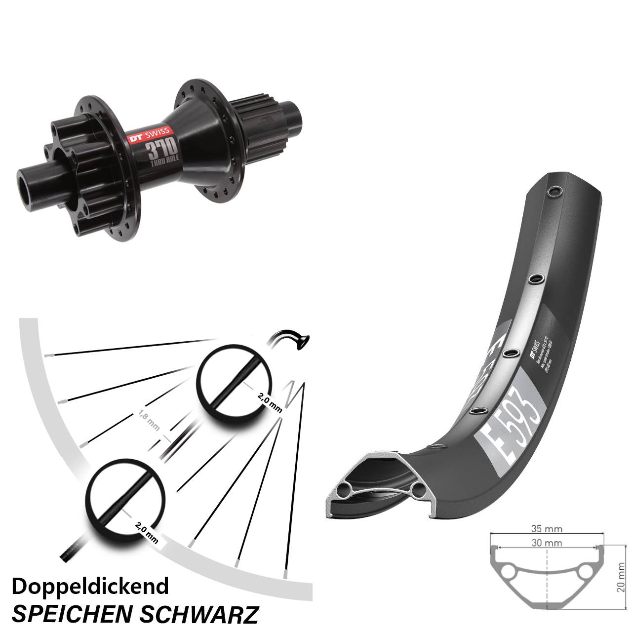 DT Swiss E 593-370 Hybrid 29 Zoll 6-Loch Hinterrad 12x142 Shimano Micro Spline