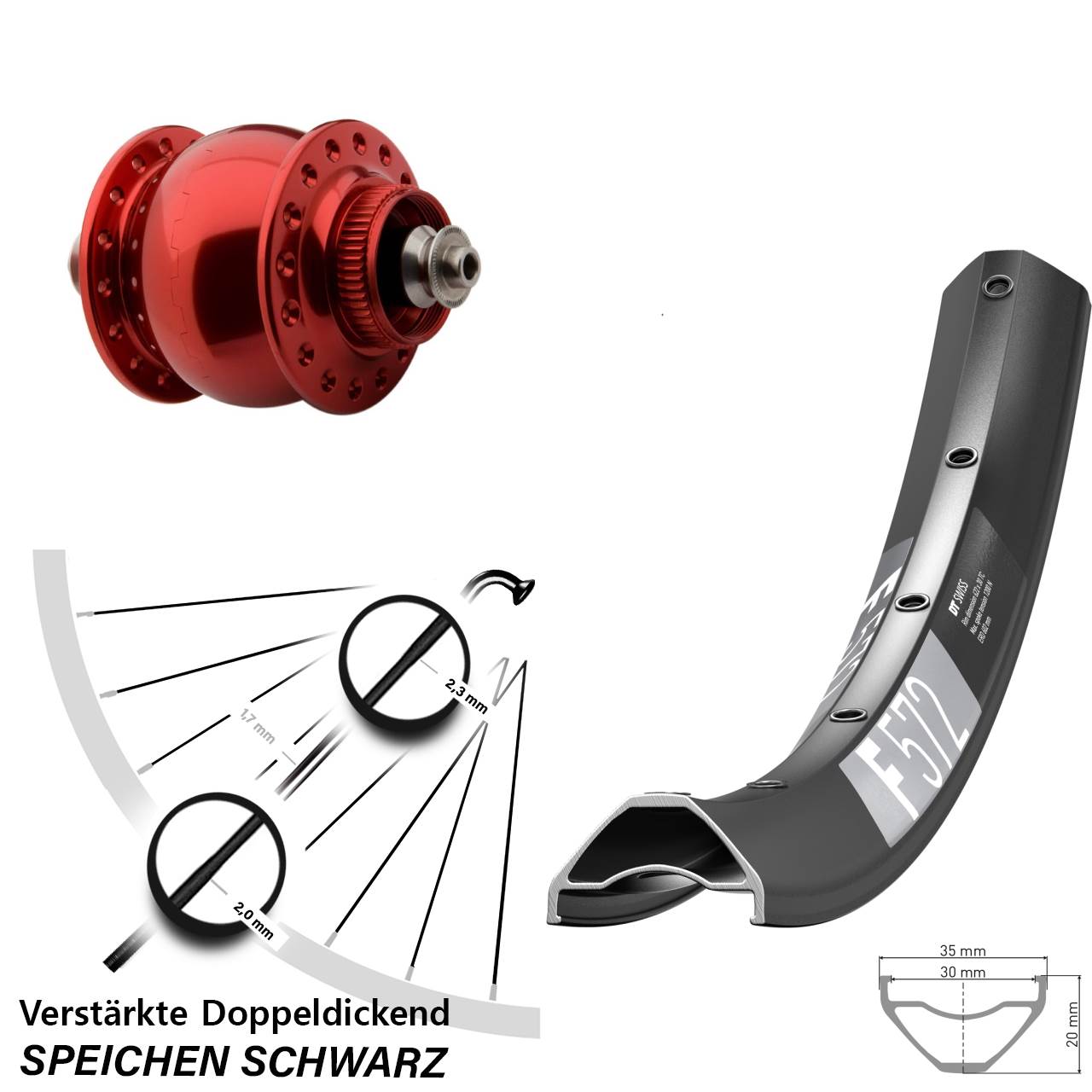 29 Zoll DT Swiss F572 SON delux rot Dynamo-Vorderrad Centerlock für Schnellspanner