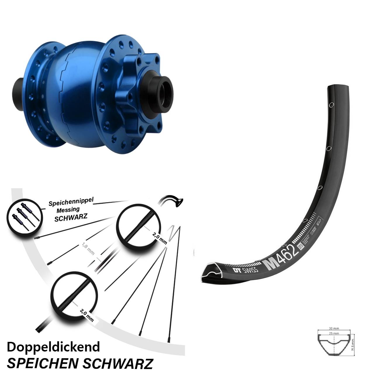 Disc Nabendynamolaufrad 15x100 650B DT Swiss M462 SON 28 blau