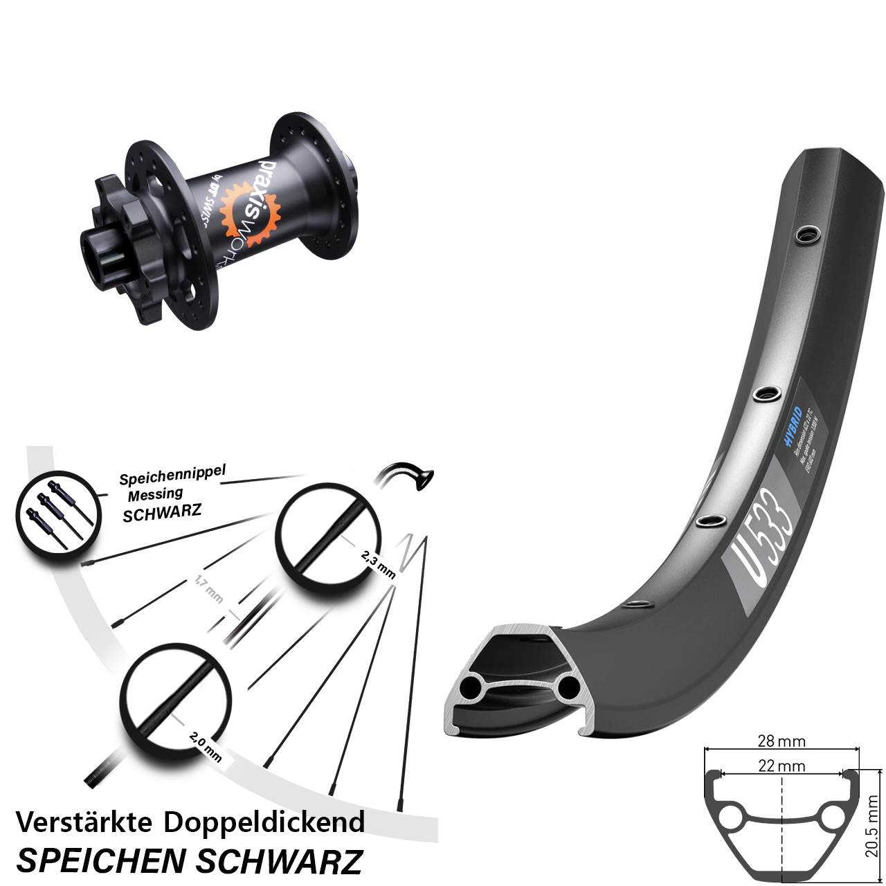 Vorderrad 6-Loch 26 Zoll DT Swiss U533-350 SL 15x100