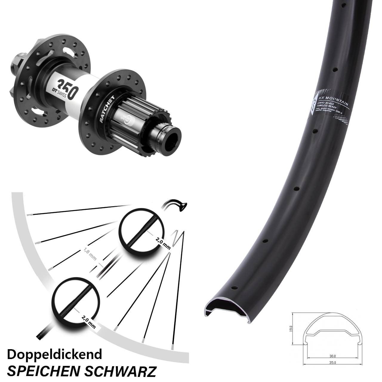 29 Zoll KX Mountain Hinterrad DT Swiss 350 Boost 6-Loch Shimano Micro Spline 12x148 mm