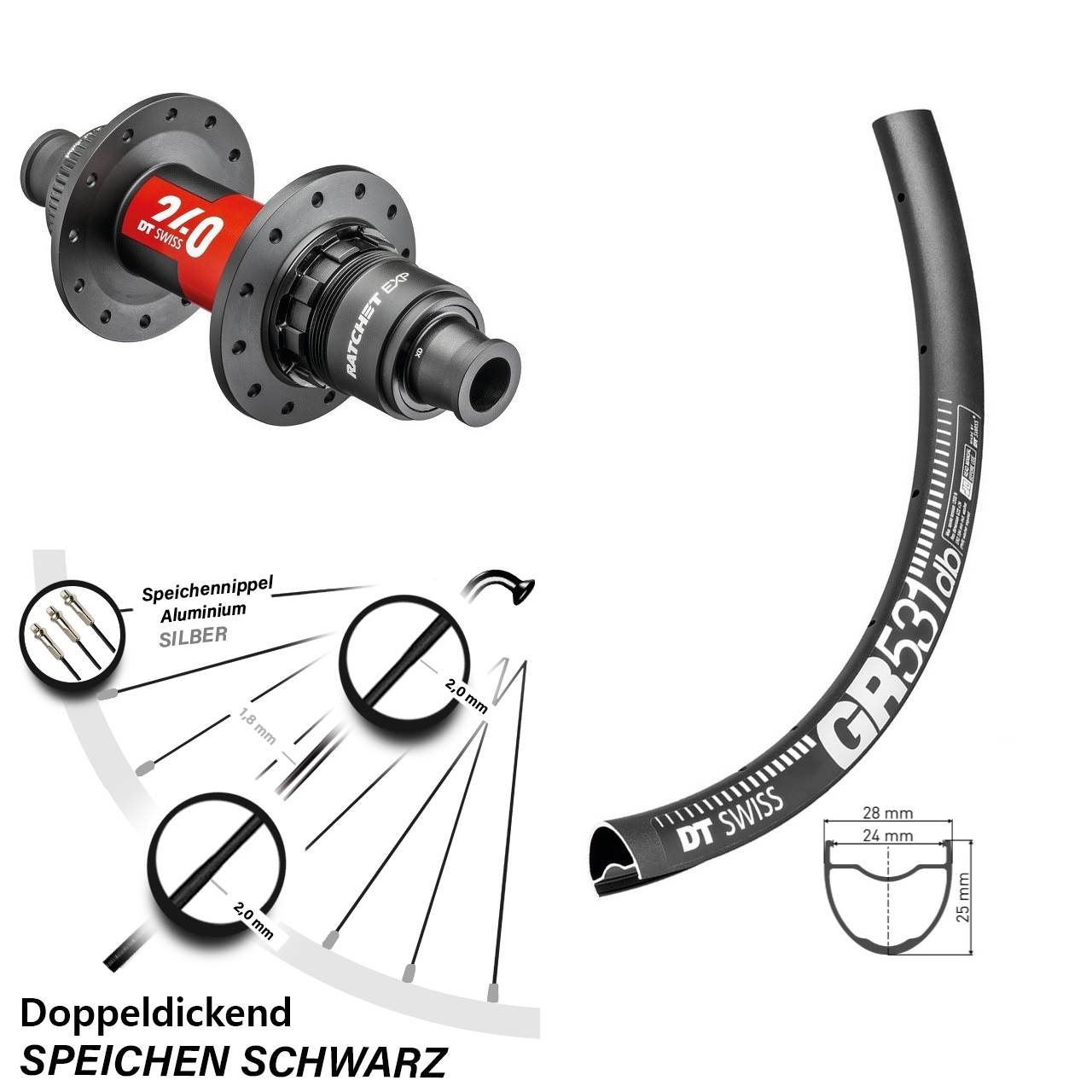 Hinterrad DT Swiss GR 531 Gravel mit 240 EXP XDR 142/12 Centerlock Nabe