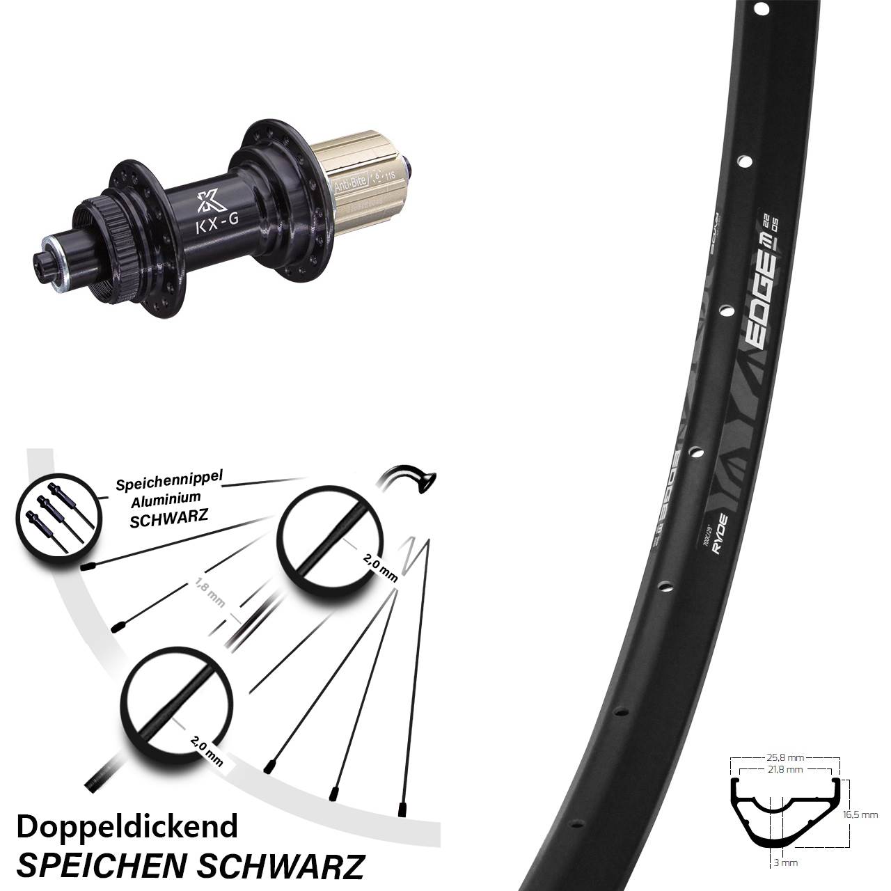 Centerlock Hinterrad 29 Zoll Ryde Edge M22 OS KX-G 8-12 fach HG QR