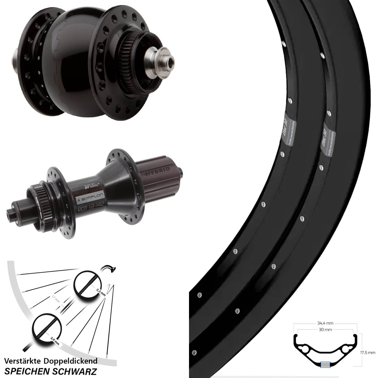 27,5 Zoll Ryde Disc 30 DT Swiss 370 Hybrid SON 28 Laufradsatz Centerlock QR 8-11 fach