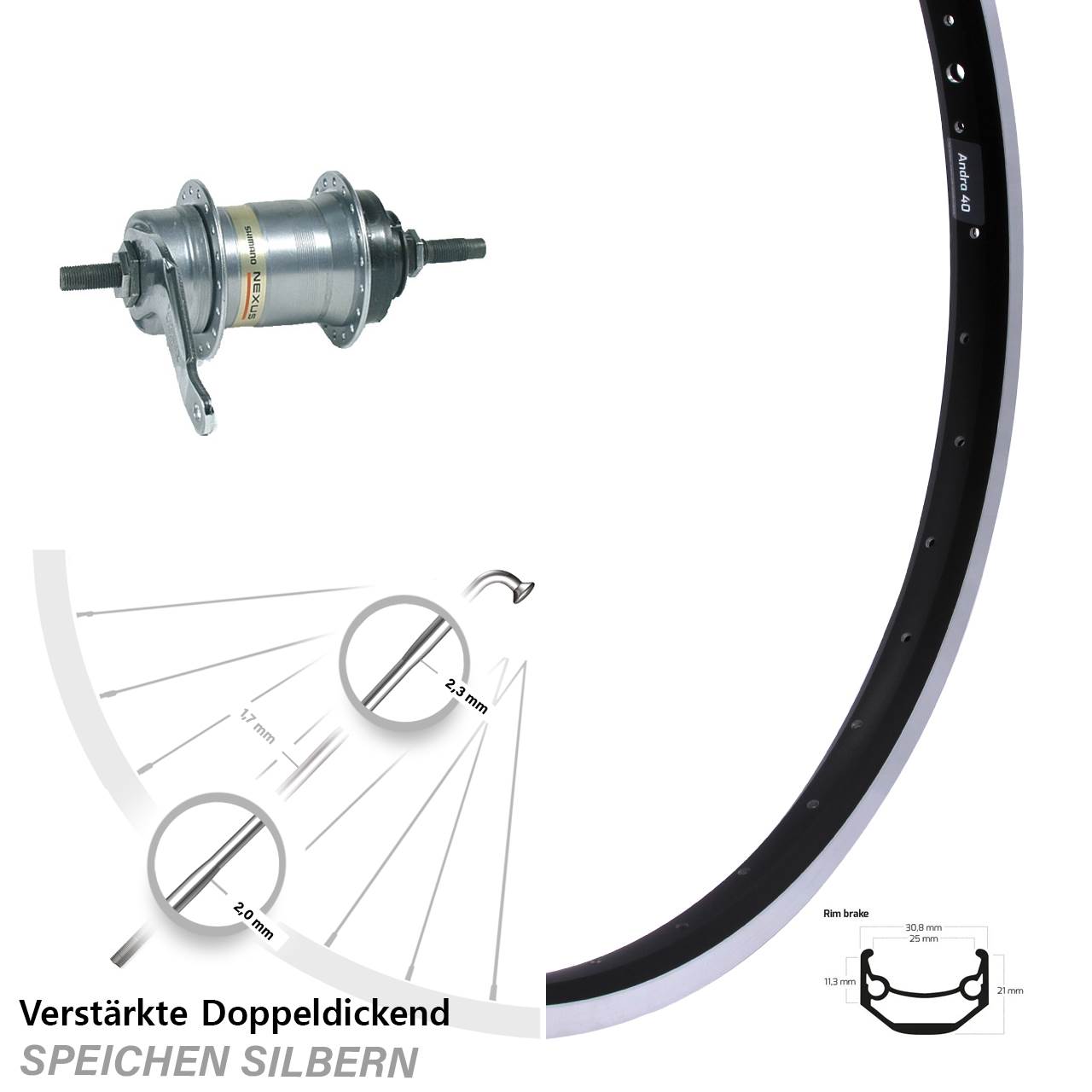 20 Zoll Ryde Andra 40 Hinterrad Shimano Nexus 3 Gang mit Rückrtittbremse