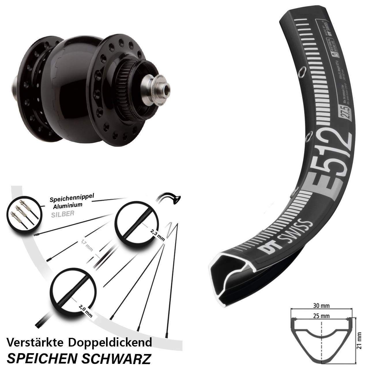 Disc Nabendynamovorderrad 27,5 Zoll DT Swiss E 512 SON 28 für Schnellspanner