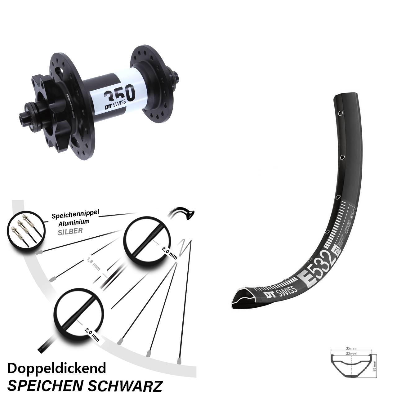 29 Zoll DT Swiss E 532-350 Vorderrad 6-Loch für Schnellspanner