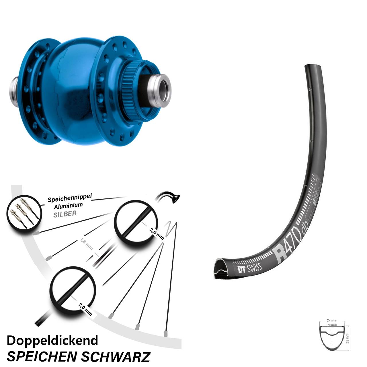 Son 28 Zoll Vorderrad DT Swiss R 470 DB Nabendynamo blau Steckachse 12x100 mm