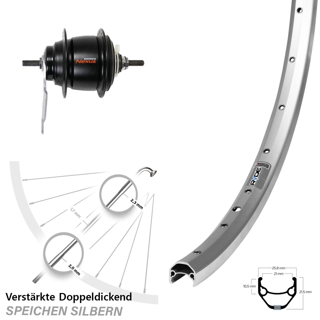 28 Zoll Hinterrad Ryde Zac 421 Shimano Nexus 8 Gang Rücktritt