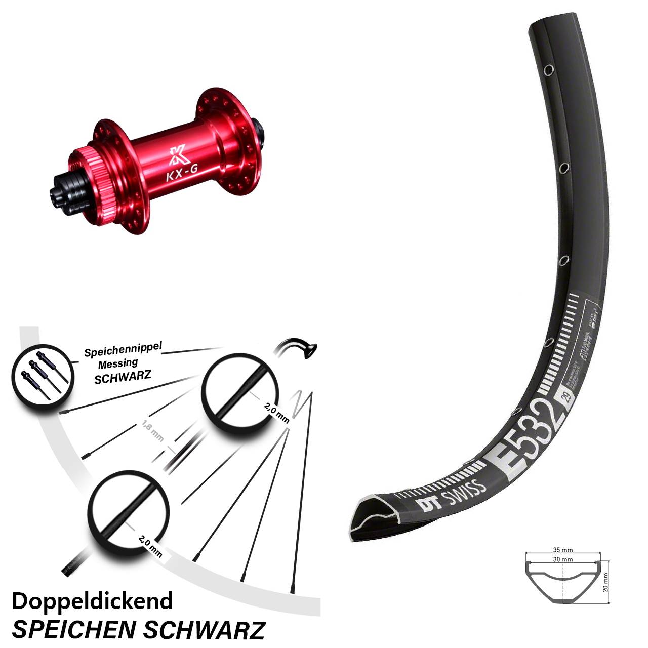 Vorderrad Centerlock 29 Zoll DT Swiss E 532 KX-G rot für Schnellspanner