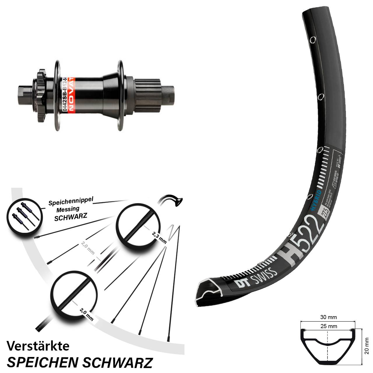 29 Zoll Hinteres Rad DT Swiss H 522 mit Novatec D442 Boost 6-Loch 12x148 mm Micro Spline