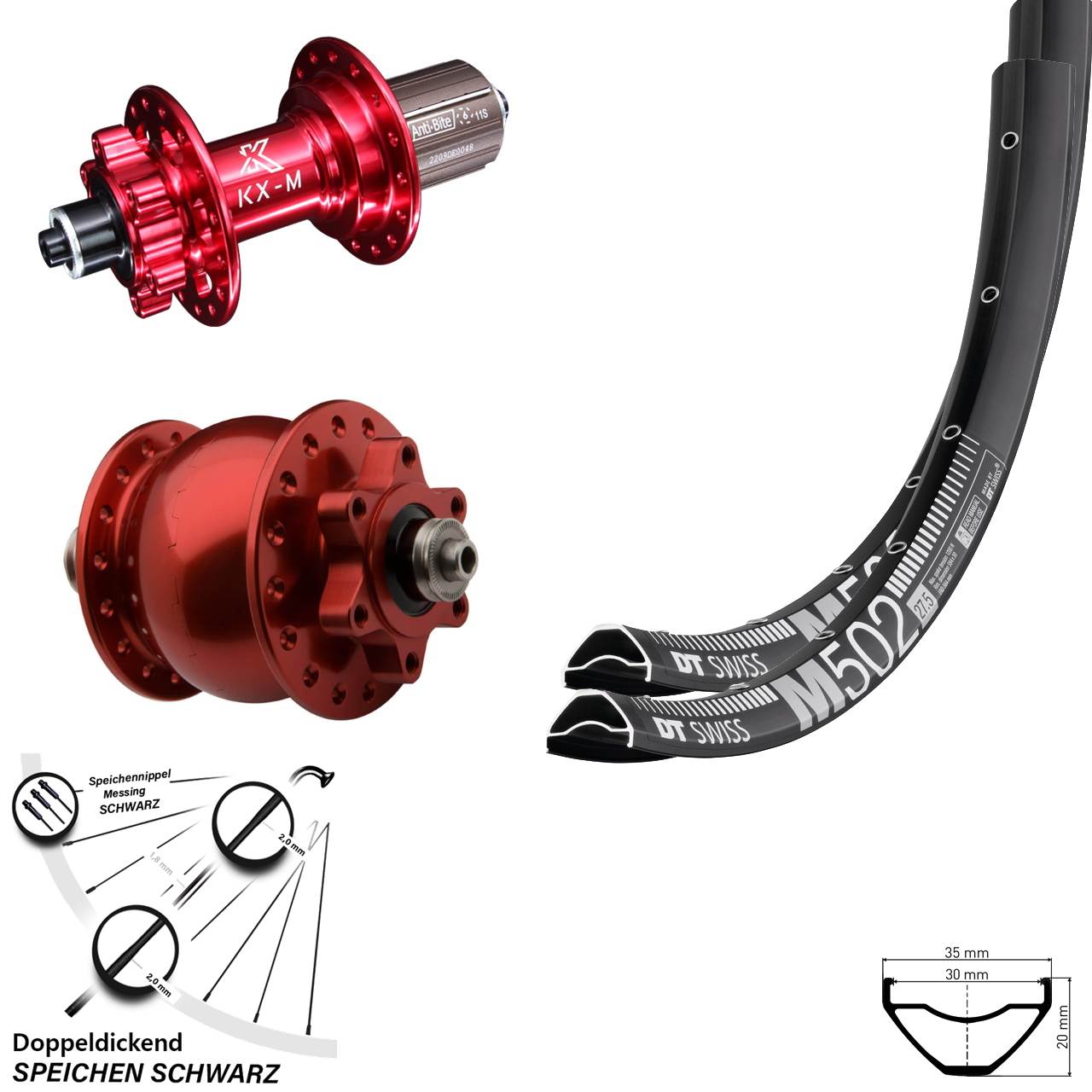 Laufradsatz 29 Zoll DT Swiss M 502 KX-M rot Disc 6-Loch SON 28 8-12 fach QR