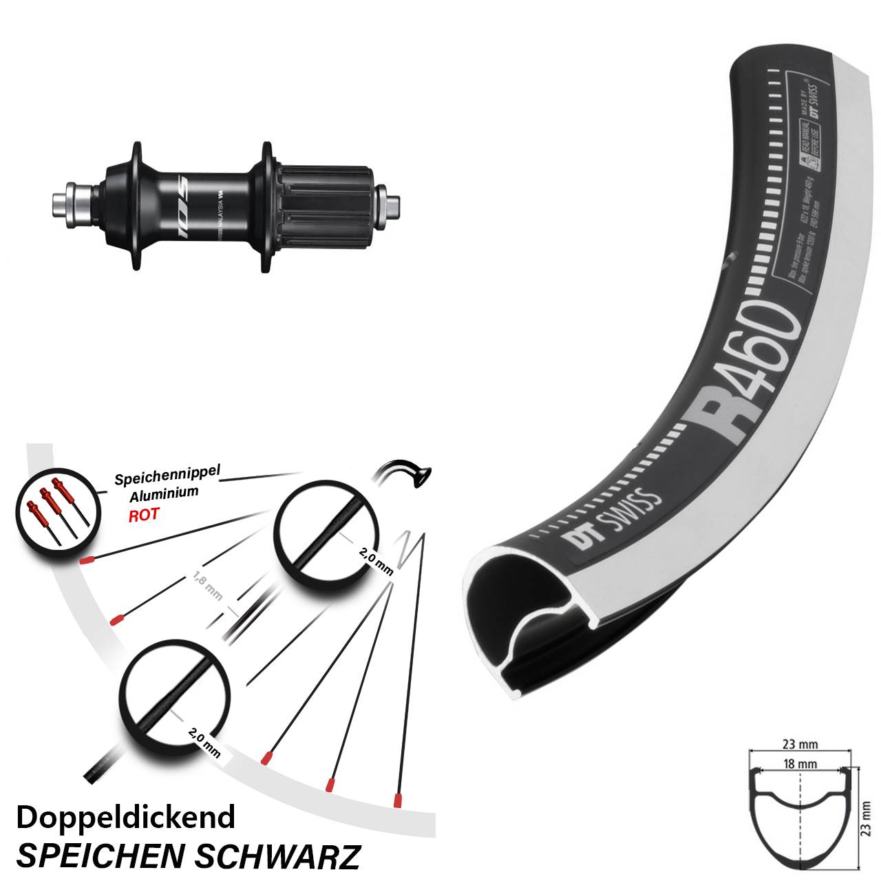 28 Zoll Rennrad Hinterrad DT Swiss R 460 Shimano 105 FH-R7000