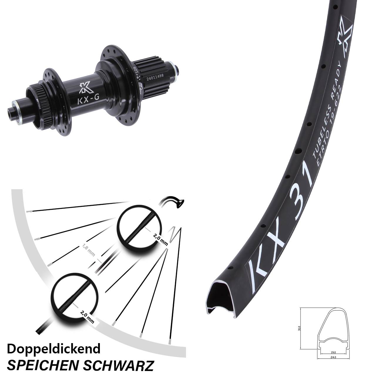 28 Zoll KX-G31 OS Centerlock Hinterrad für Schnellspanner Shimano Micro Spline