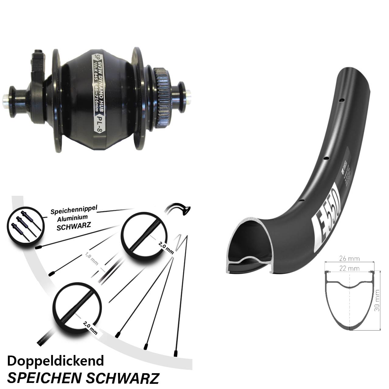 Disc Nabendynamovorderrad 28 Zoll DT Swiss E550 Shutter PL-8 für Schnellspanner
