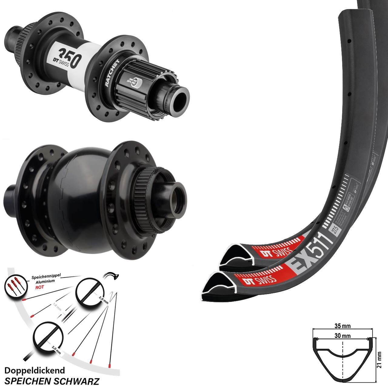 Laufrad-Satz 29 Zoll DT Swiss EX 511-350 SON 28 Shimano Micro Spline 15x110 12x148 Boost