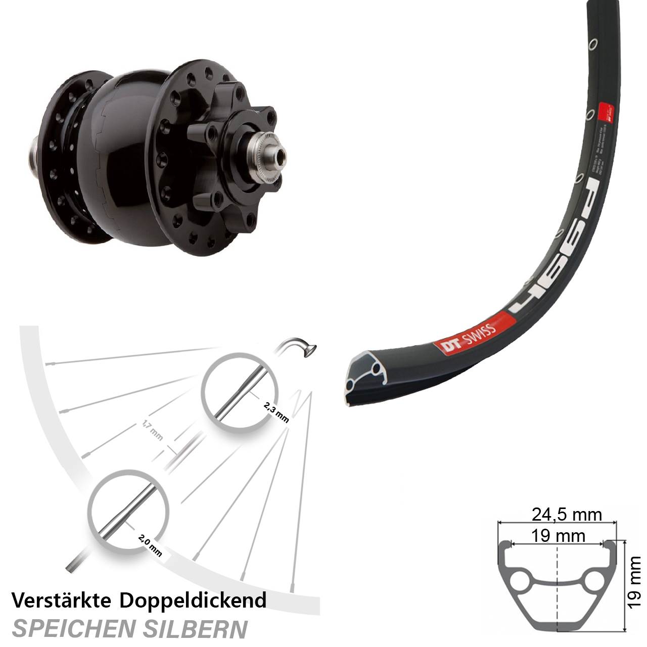 Disc Laufrad mit Nabendynamo 28-29 Zoll DT Swiss 466 SON 28 QR