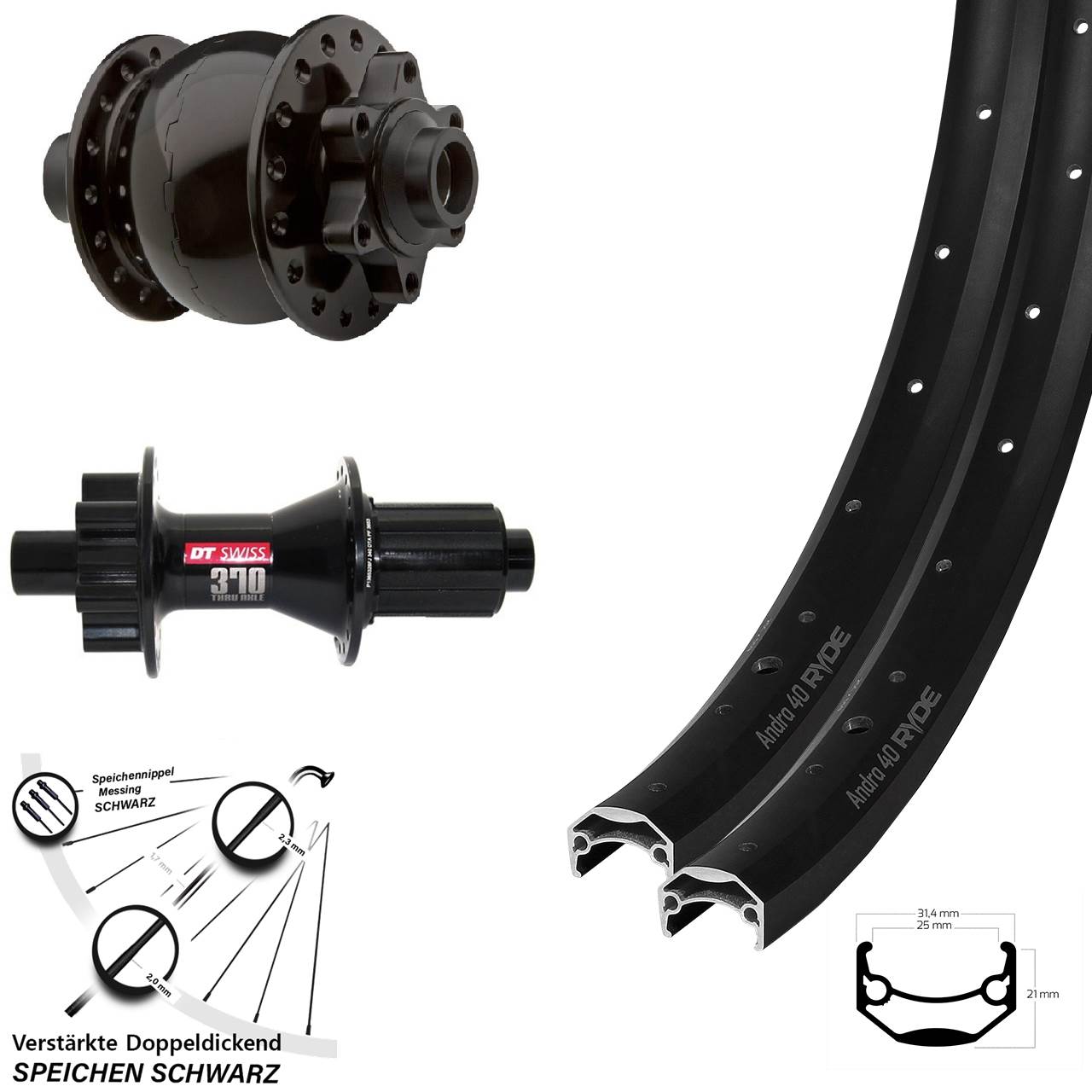 Laufradsatz 20 Zoll Ryde Andra 40 DT Swiss 370 Hybrid SON 28 6-Loch 15x100/12x142 8-11