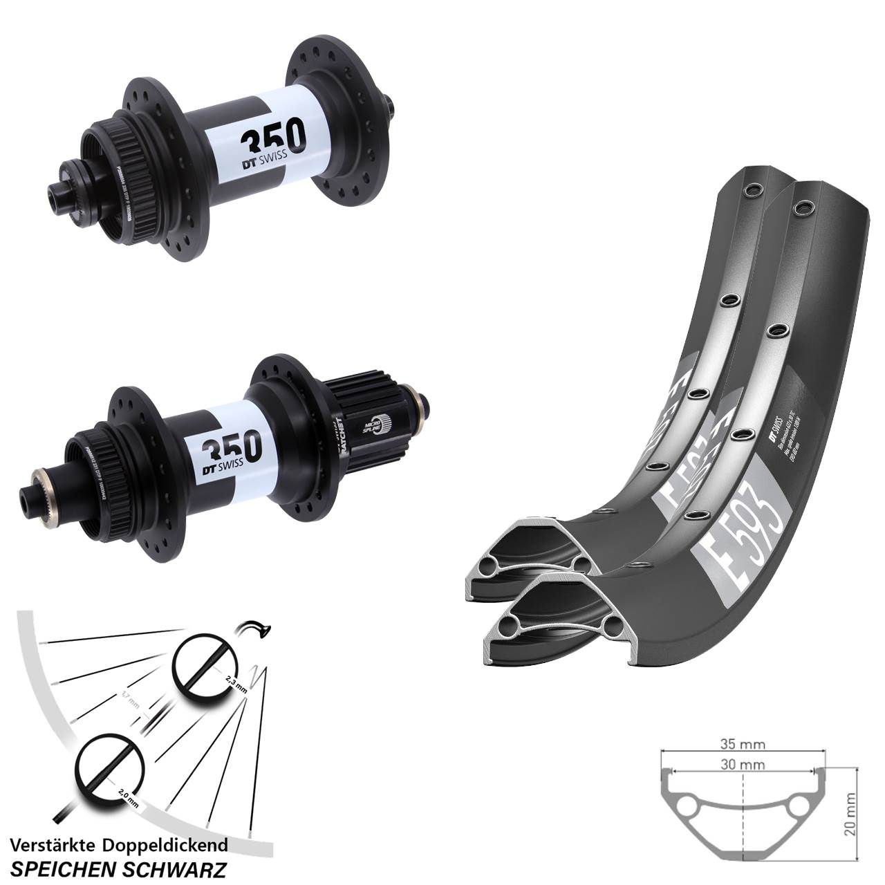 DT Swiss E593-350 650B Disc Laufrad-Satz QR Micro Spline