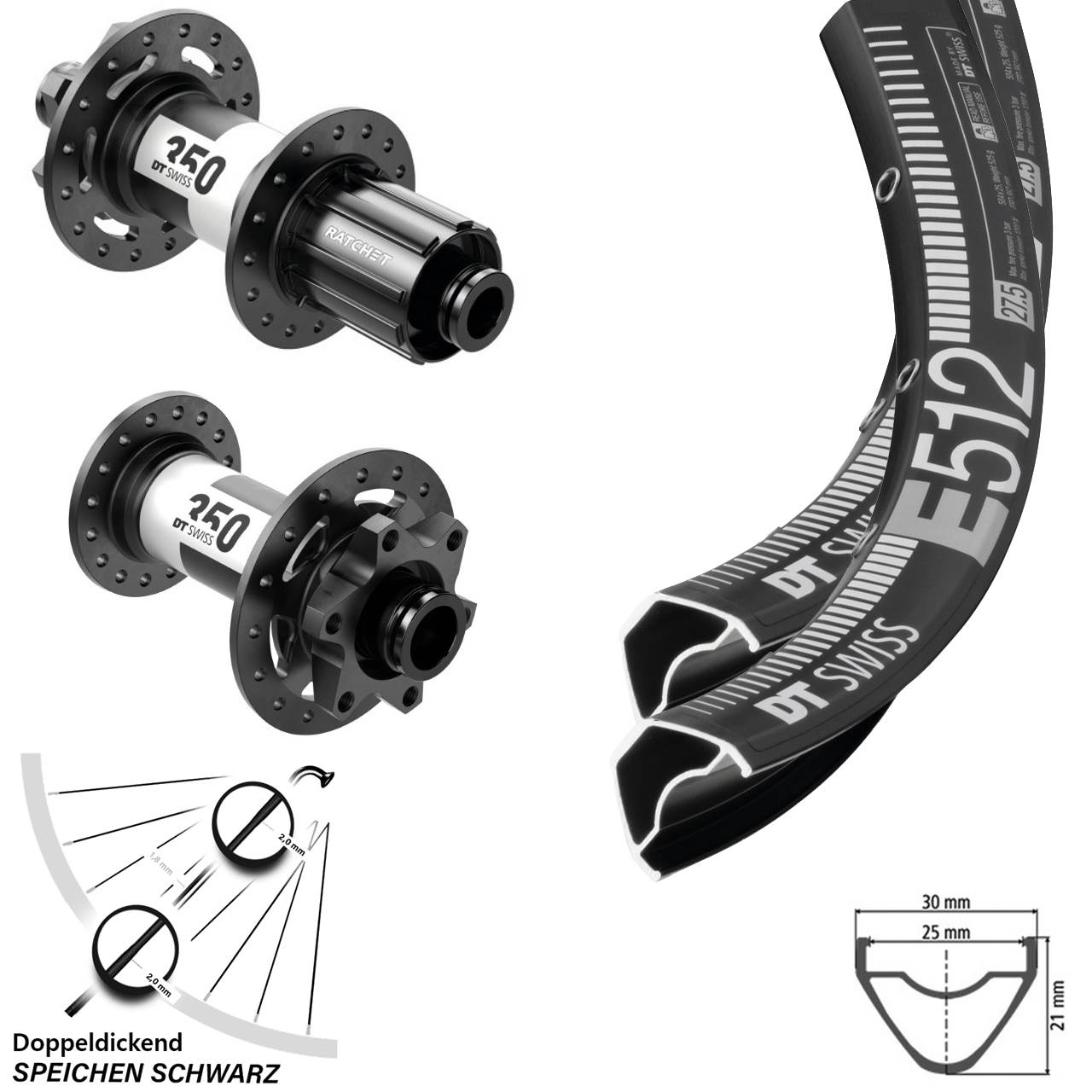 Laufradsatz E 512 DT Swiss 350 Steckachse 15x110 12x148 6-loch Shimano 11-fach 29 Zoll