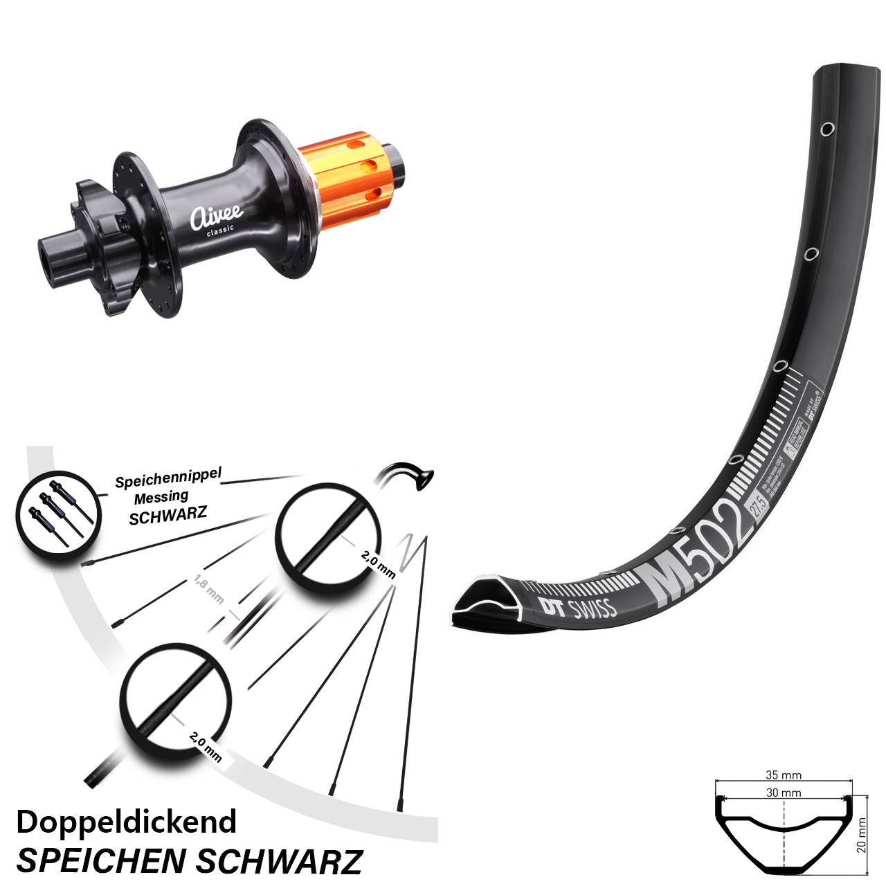 Boost Hinterrad 6-Loch 12x148 27,5 Zoll DT Swiss M502 Aivee Classic 8-12 fach HG