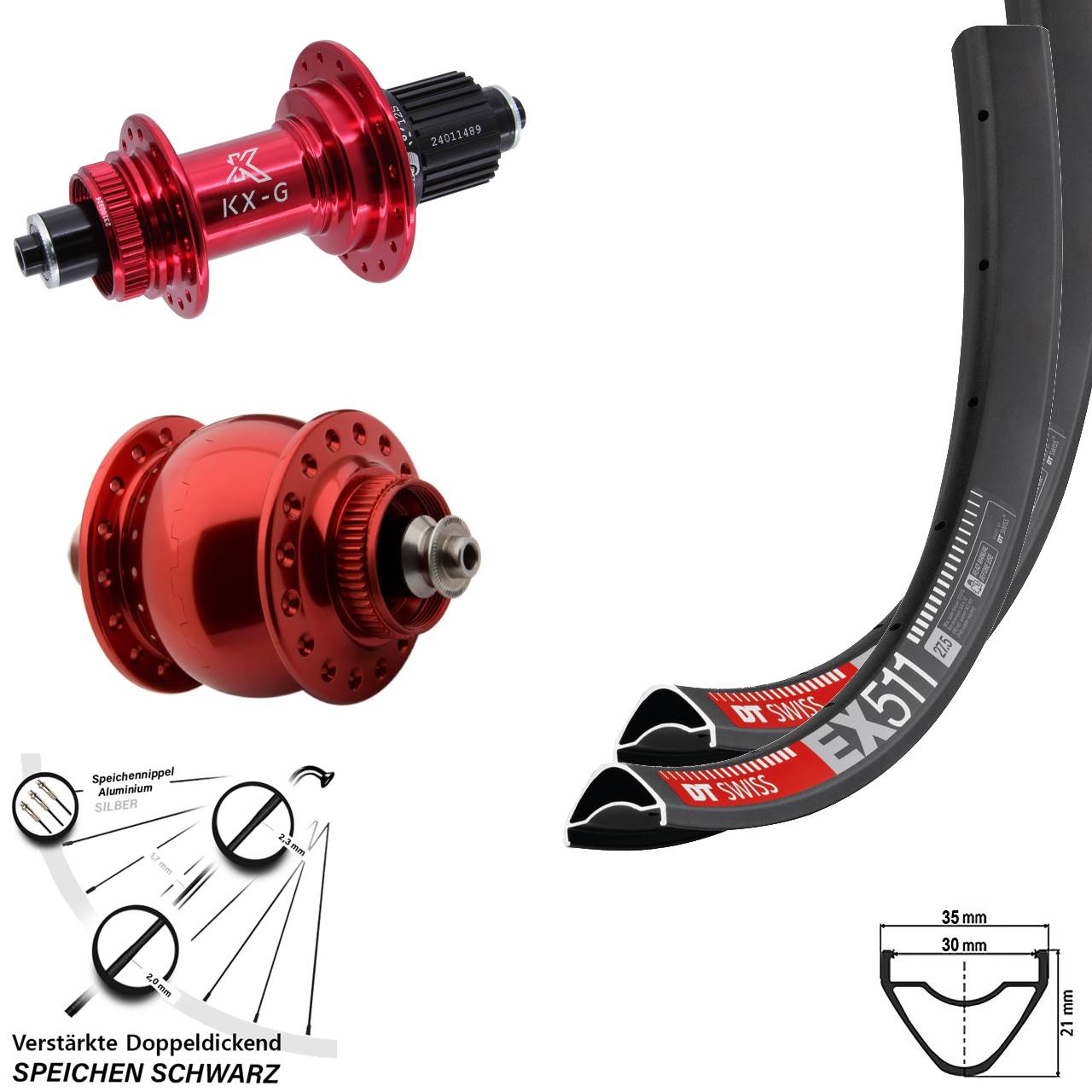Disc Laufrad-Satz 27,5 Zoll DT Swiss EX 511 KX-G rot SON 28 Shimano Micro Spline QR