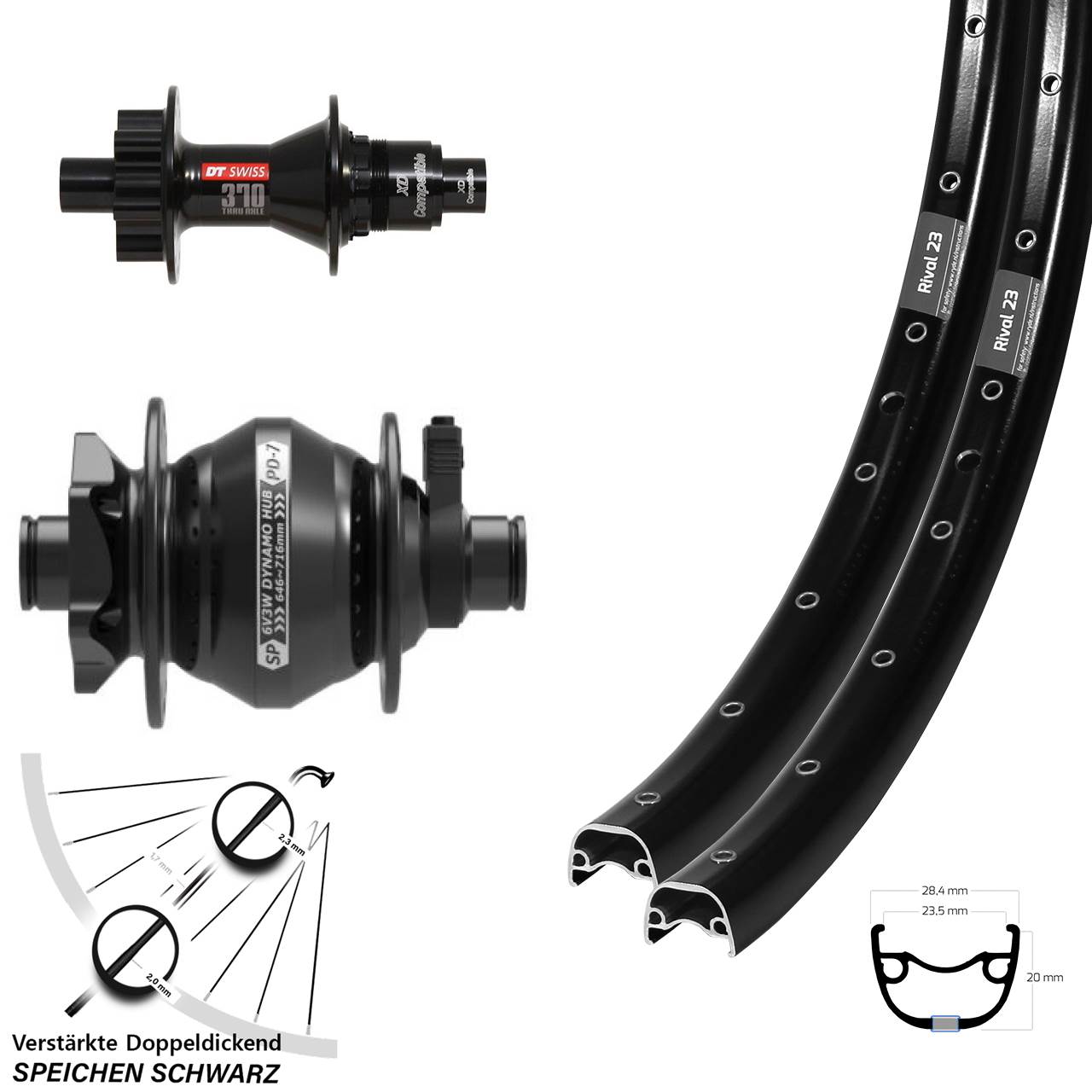 27,5 Zoll Ryde Rival 23 Disc schwarz Laufradsatz 12x100/142 DT Swiss 370 3P XD SP PD-7