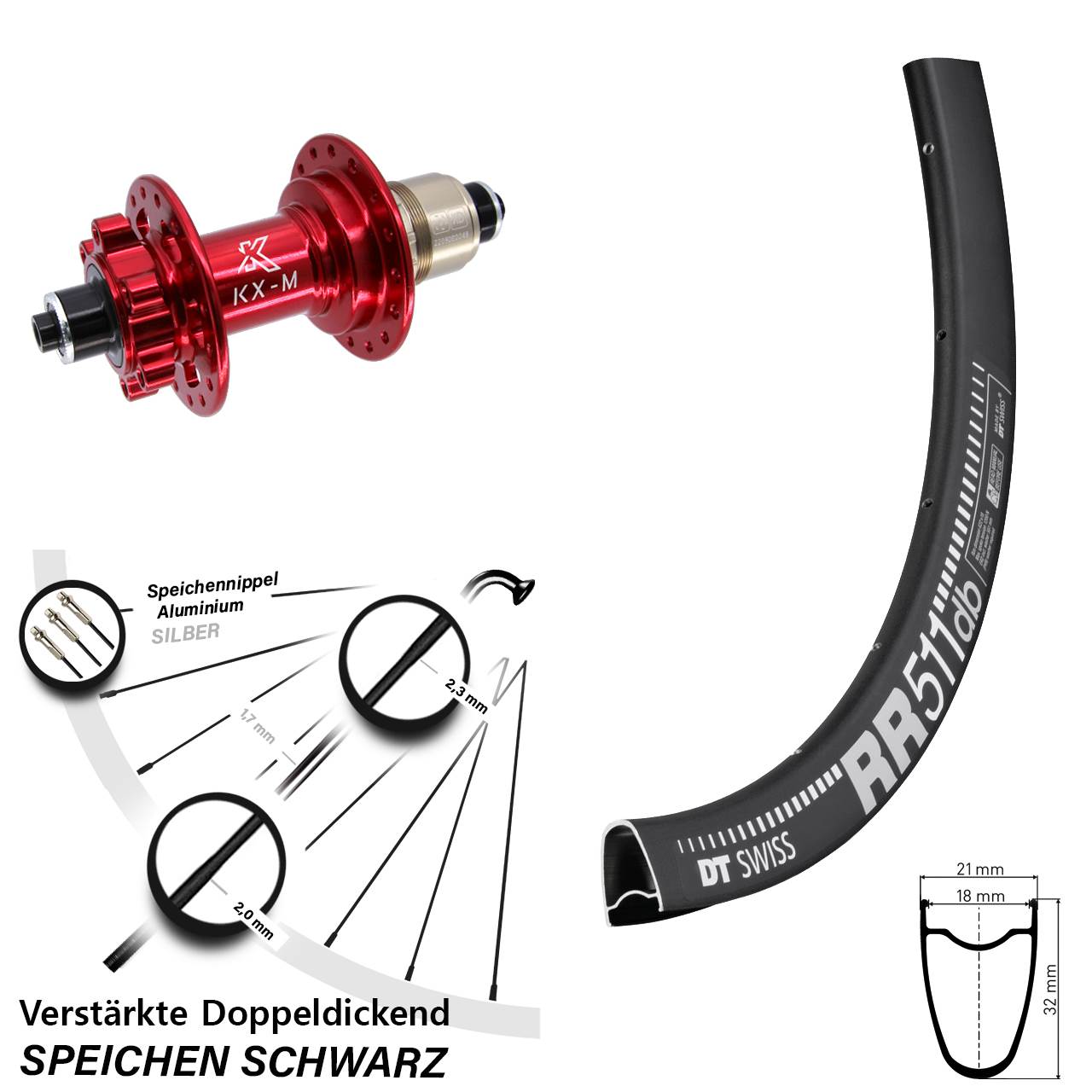 28 Zoll DT Swiss RR 511 KX-M rot 6-Loch Hinterrad für Schnellspanner SRAM XD