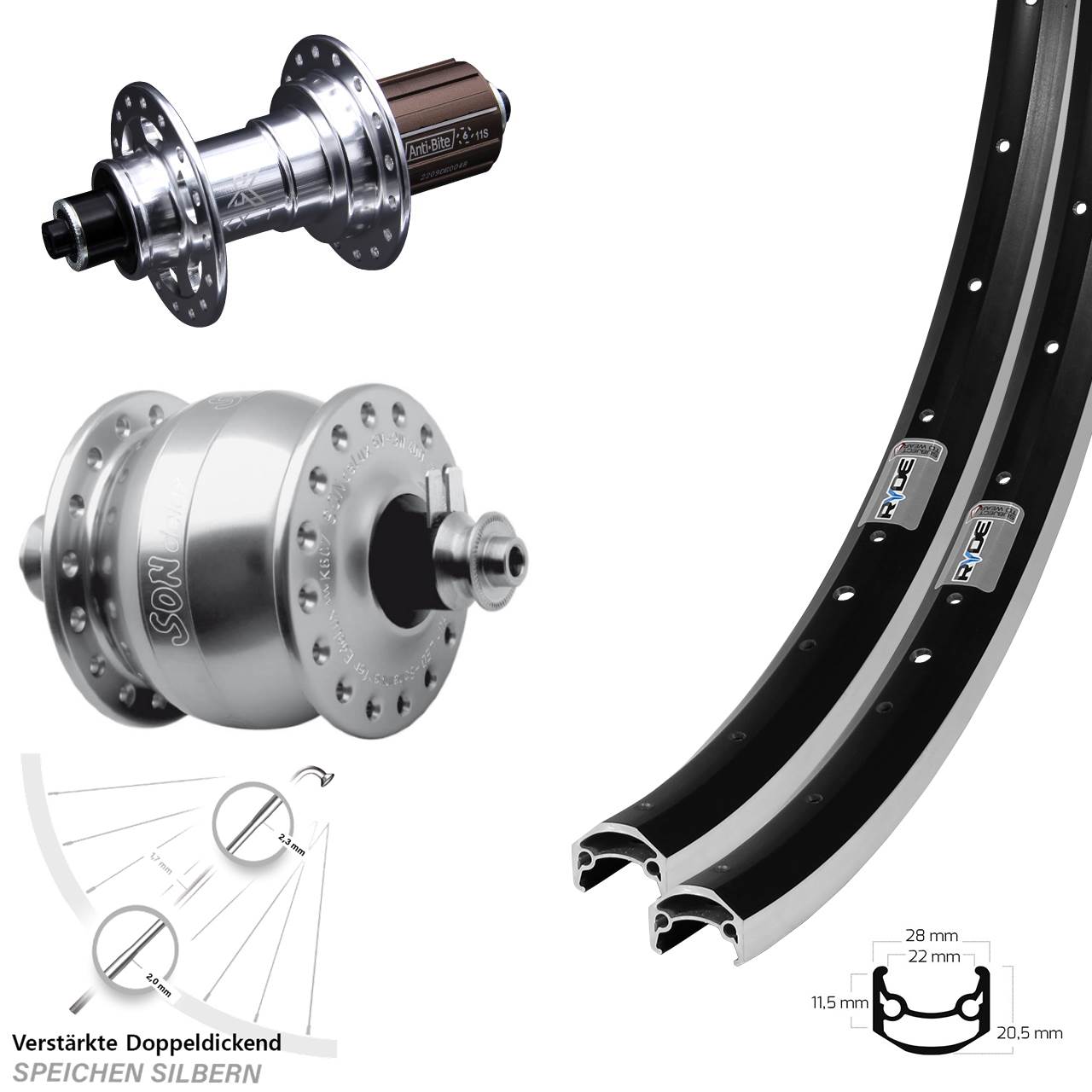 Laufradsatz 650B Ryde Andra 35 KX-T SONdelux 8-12 fach HG für Schnellspanner