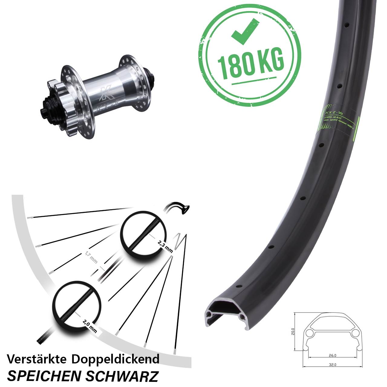 verstärktes E-Bike 26 Zoll Vorderrad KX-Evo mit Nabe 5x100 mm 6-Loch