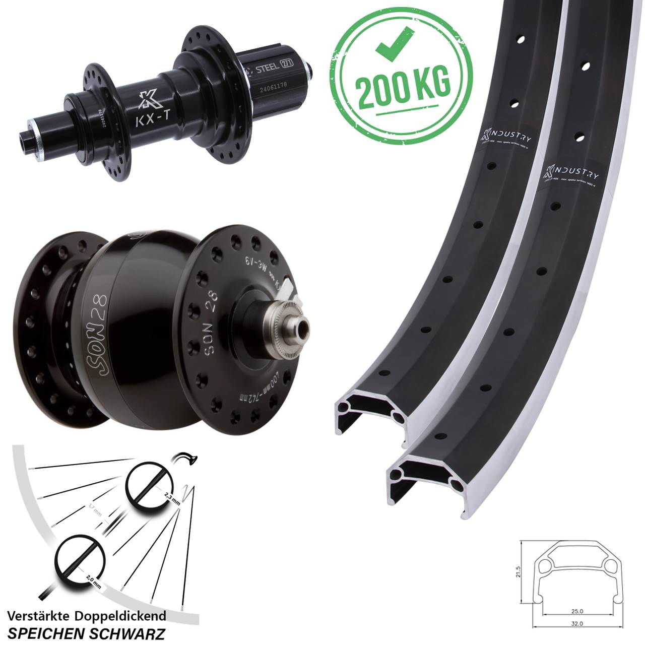 26 Zoll KX-TS Industry Heavy Duty SON 28 Laufrad-Satz für Schnellspanner 8-12 fach