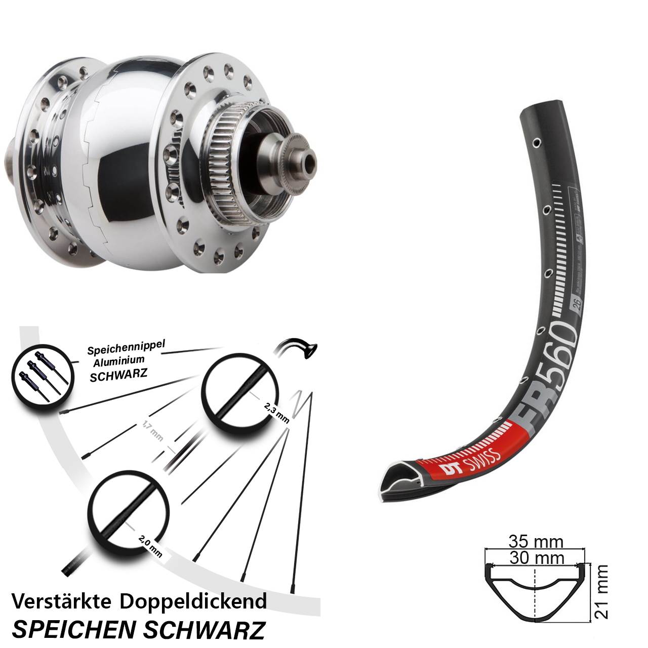 Nabendynamovorderrad Centerlock für Schnellspanner 26 Zoll DT Swiss FR 560 SON 28
