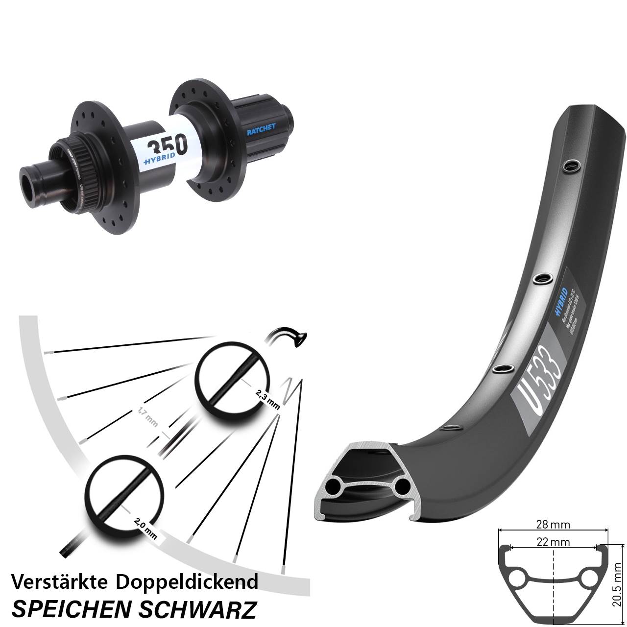 DT Swiss U 533 Hybrid 350 27,5 Zoll Disc Laufrad 12x148 8-11 fach