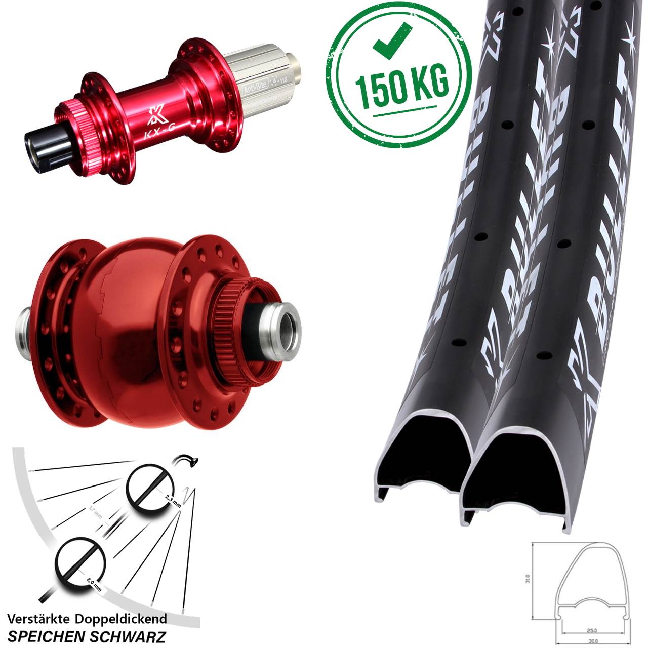 KX-G Bullet OS rot SON 28 Zoll Disc Laufrad-Satz 12x100/142 8-12 fach HG
