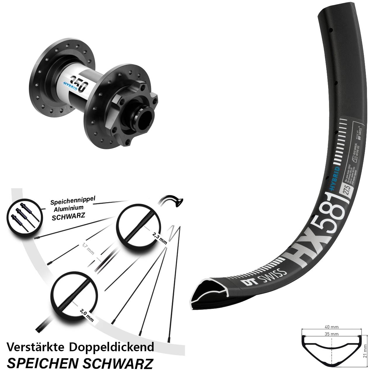 6-Loch Vorderrad 27,5 Zoll DT Swiss HX 581 350 Hybrid QR