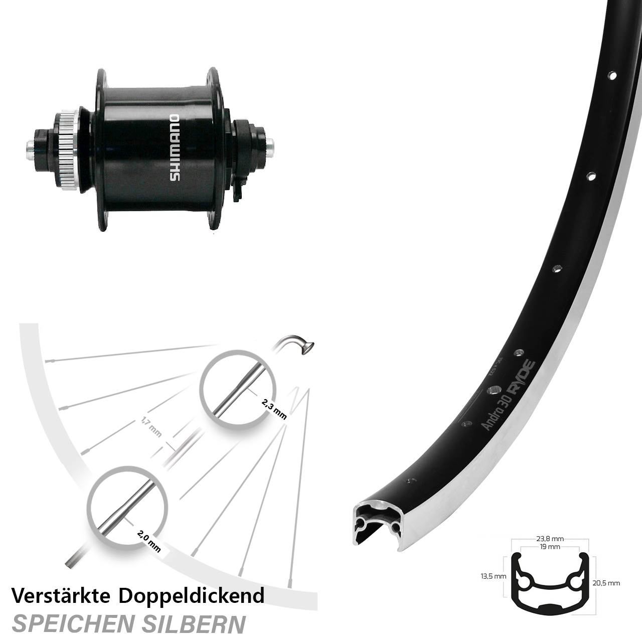28 Zoll Ryde Andra 30 Shimano DH-UR700 Nabendynamovorderrad QR