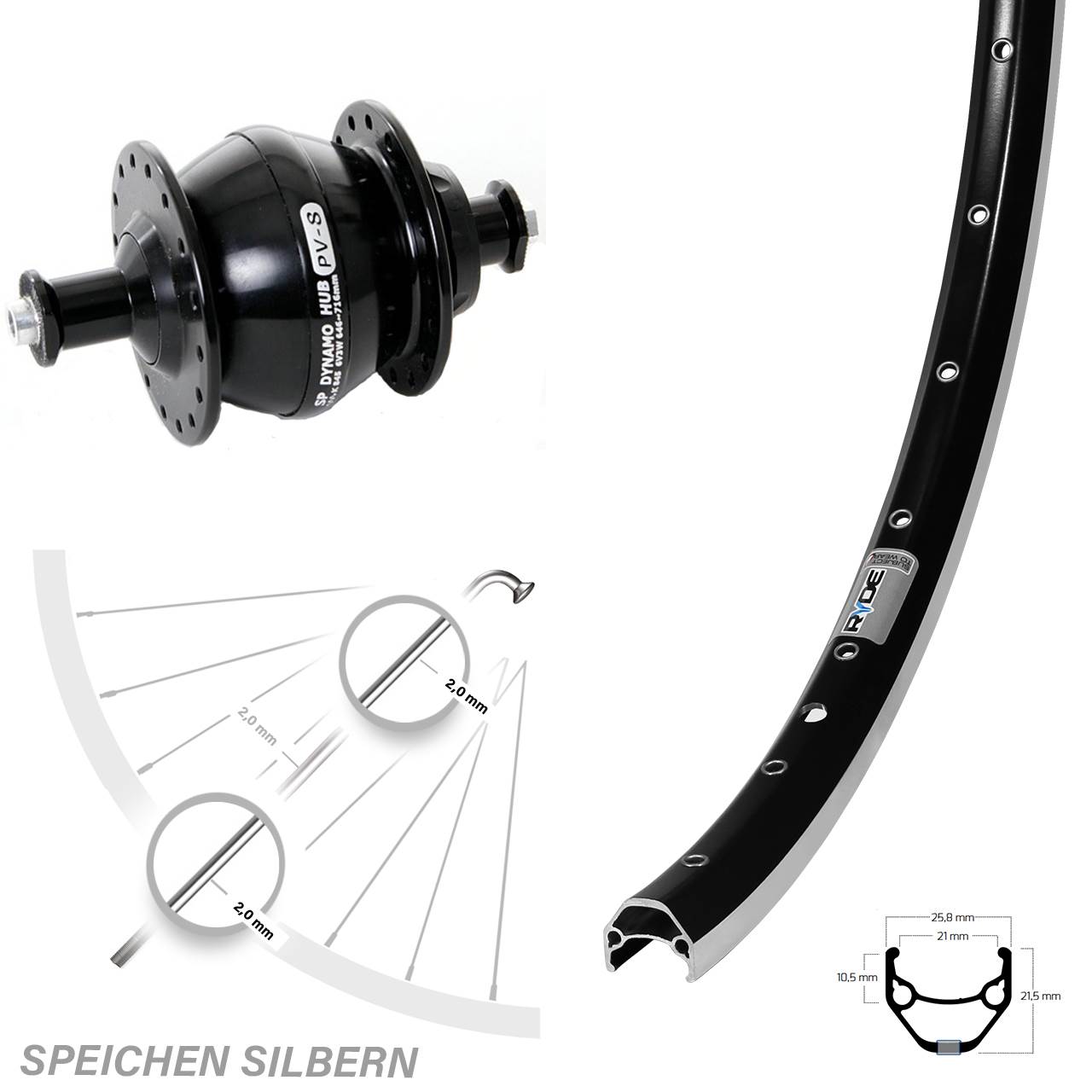 28 Zoll Ryde ZAC 421 Shutter Precision PV-8 Nabendynamovorderrad QR ...