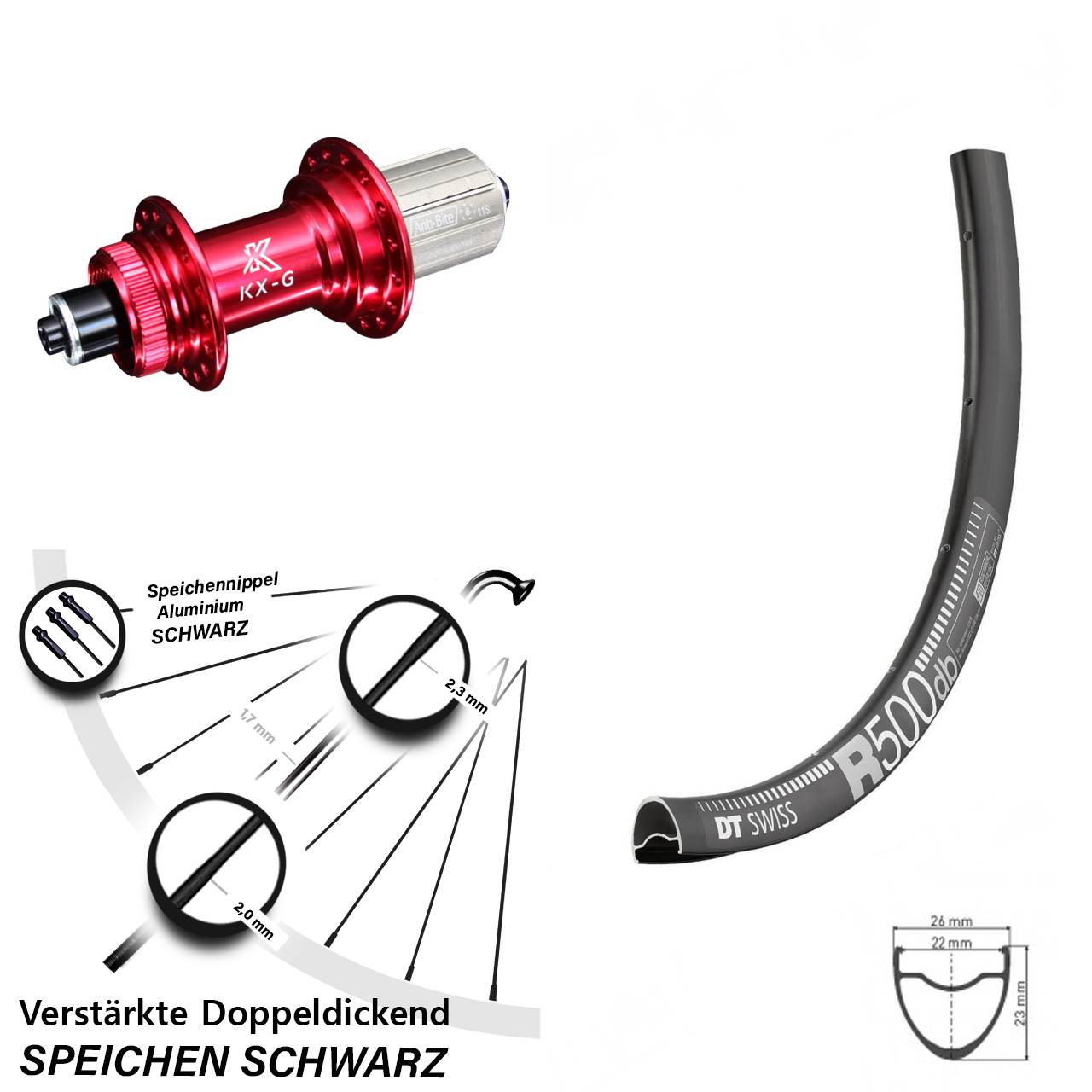 Hinteres Rad DT Swiss R 500 Road Disc Nabe KX-G rot-eloxiert 5x135 mm 8-12 fach Centerlock