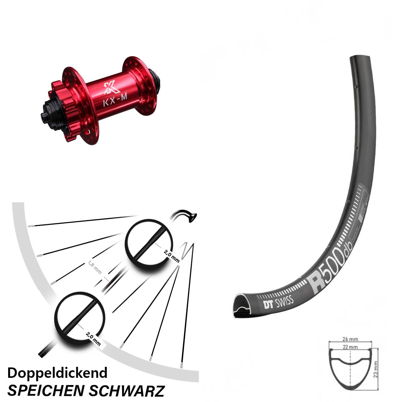 DT Swiss R 500 Vorderrad 28 Zoll Road Disc 6-Loch Nabe rot eloxiert KX-M Schnellspanner