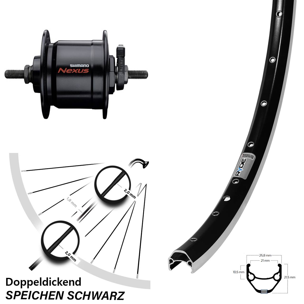 Nabendynamolaufrad 26 Zoll Ryde ZAC 421 Shimano DH-C3000-3N Vollachse