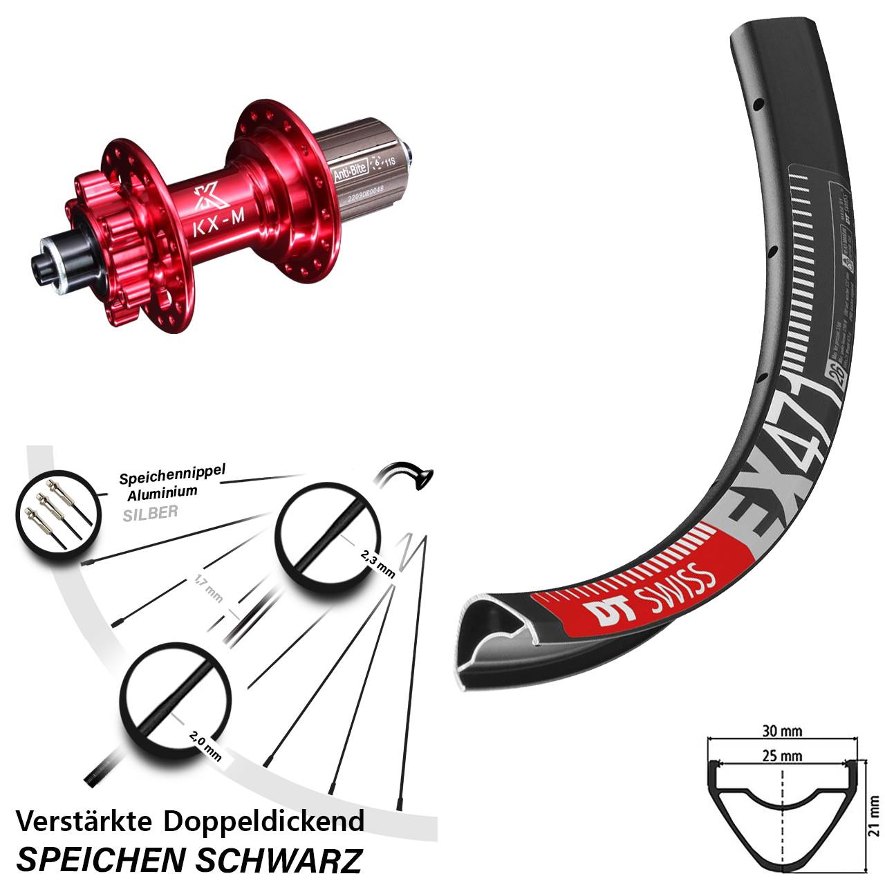 29 Zoll Laufrad DT Swiss EX 471 KX-M rot Disc 6-Loch 8-12 fach HG für Schnellspanner