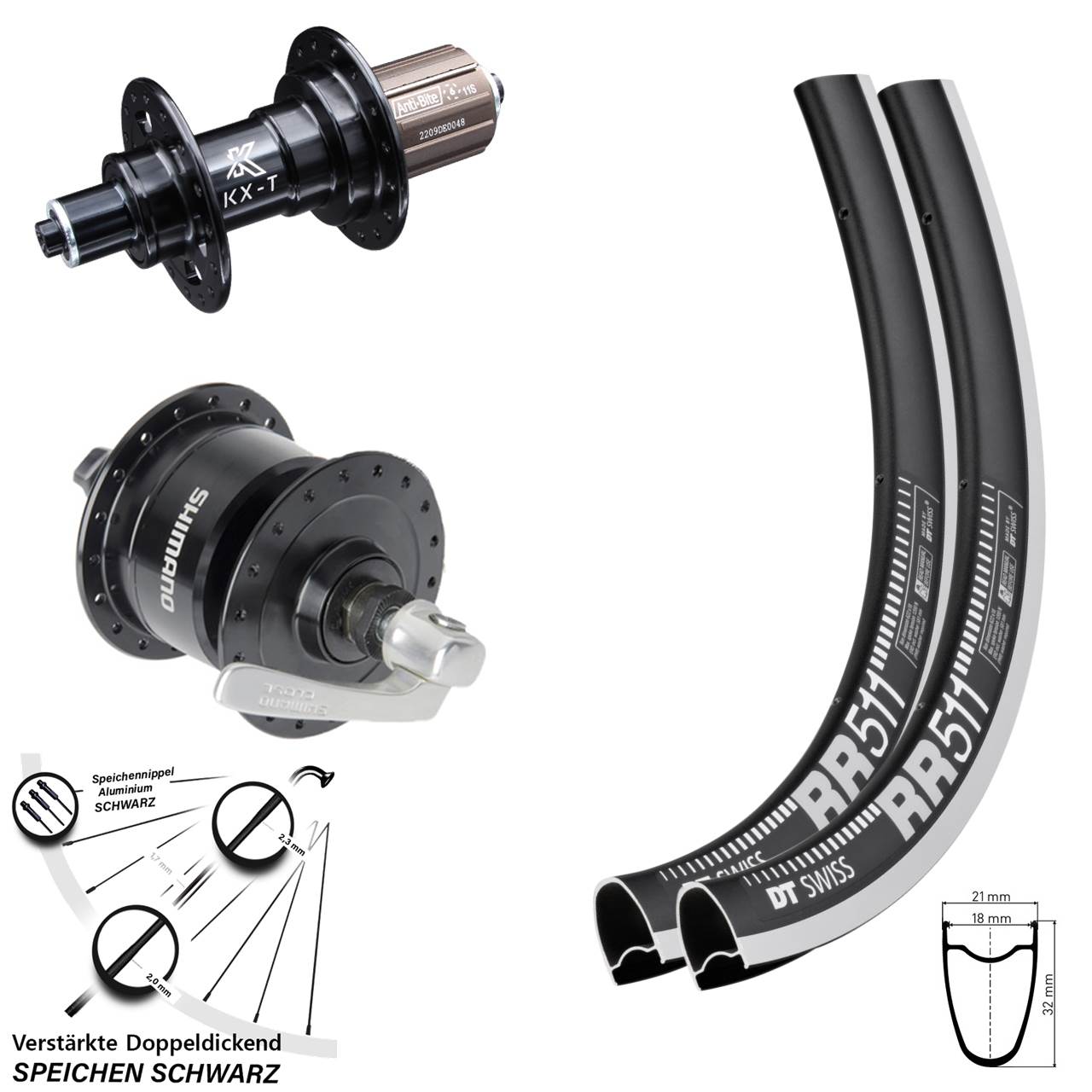 DT Swiss RR 511 KX-T Shimano DH-3N72 28 Zoll Laufradsatz QR 8-11 fach schwarz