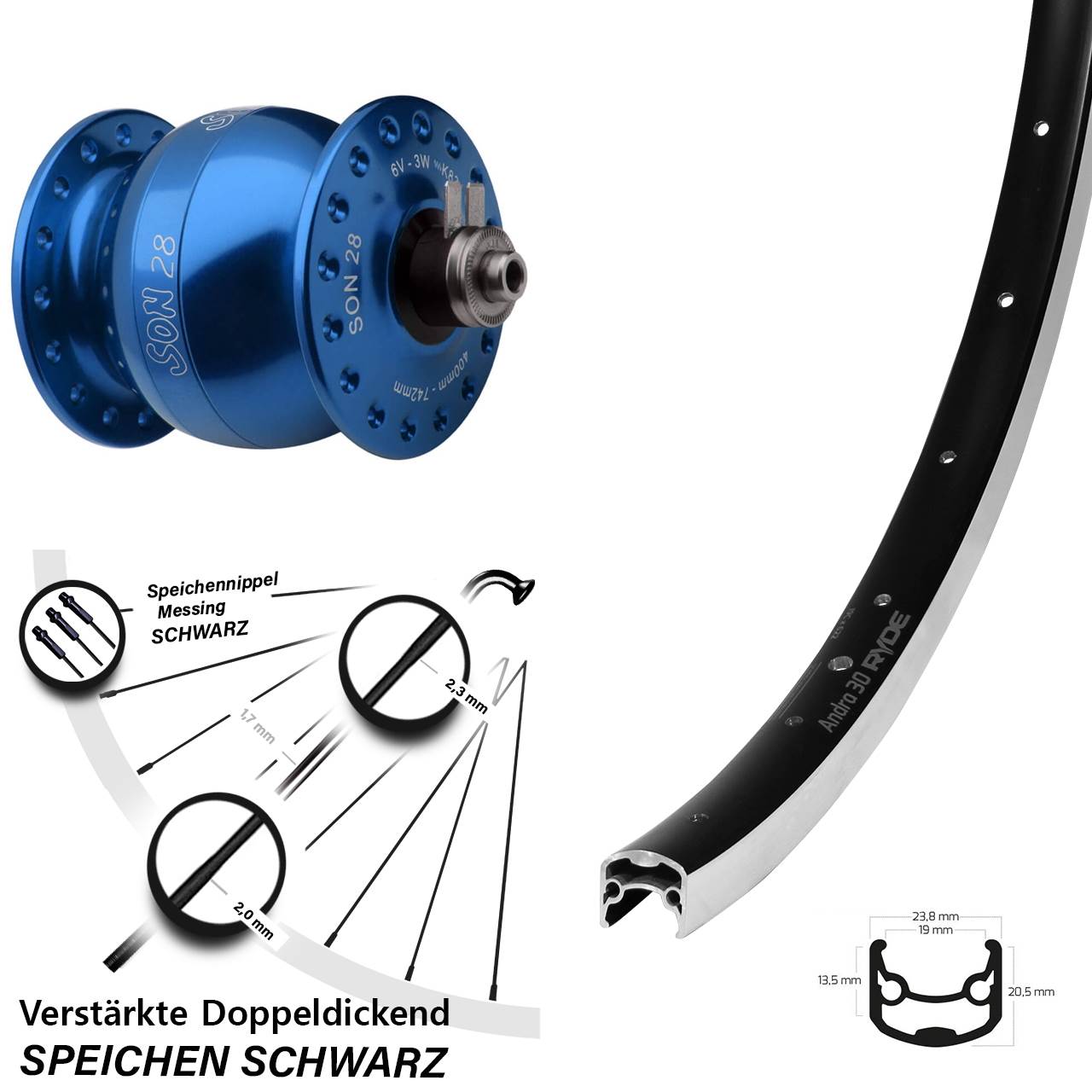 26 Zoll Ryde Andra 30 SON 28 blau Nabendynamovorderrad QR