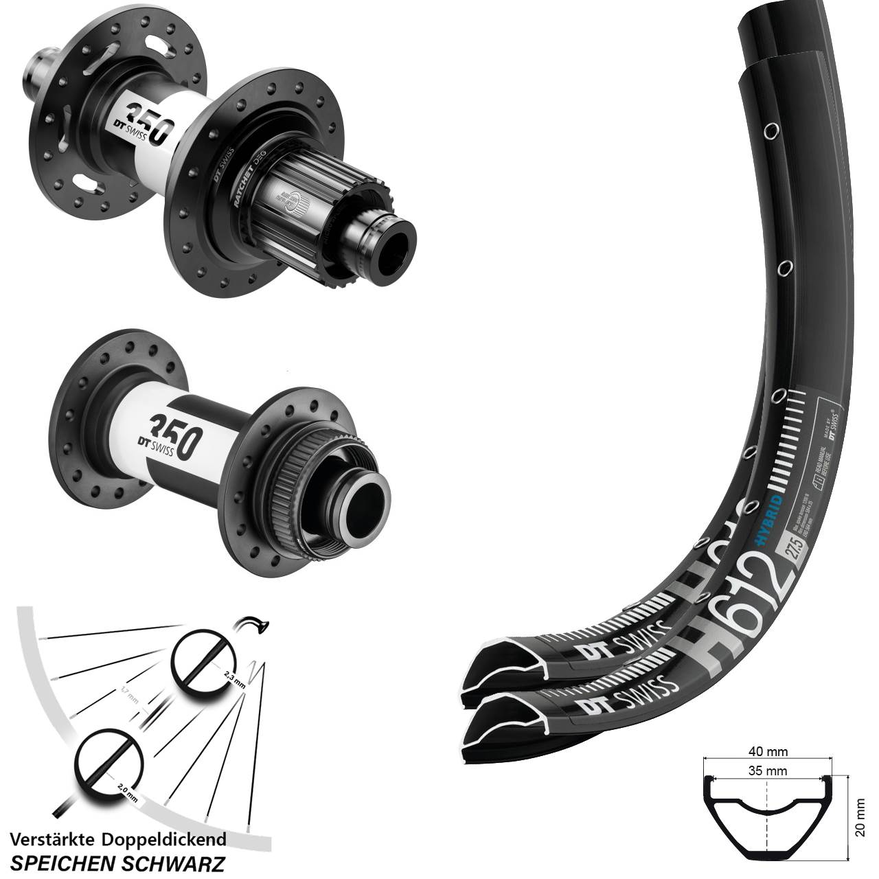 Disc Laufrad-Satz Boost 27,5 Zoll DT Swiss H 612-350 DT Swiss 350 DEG72 Micro Spline