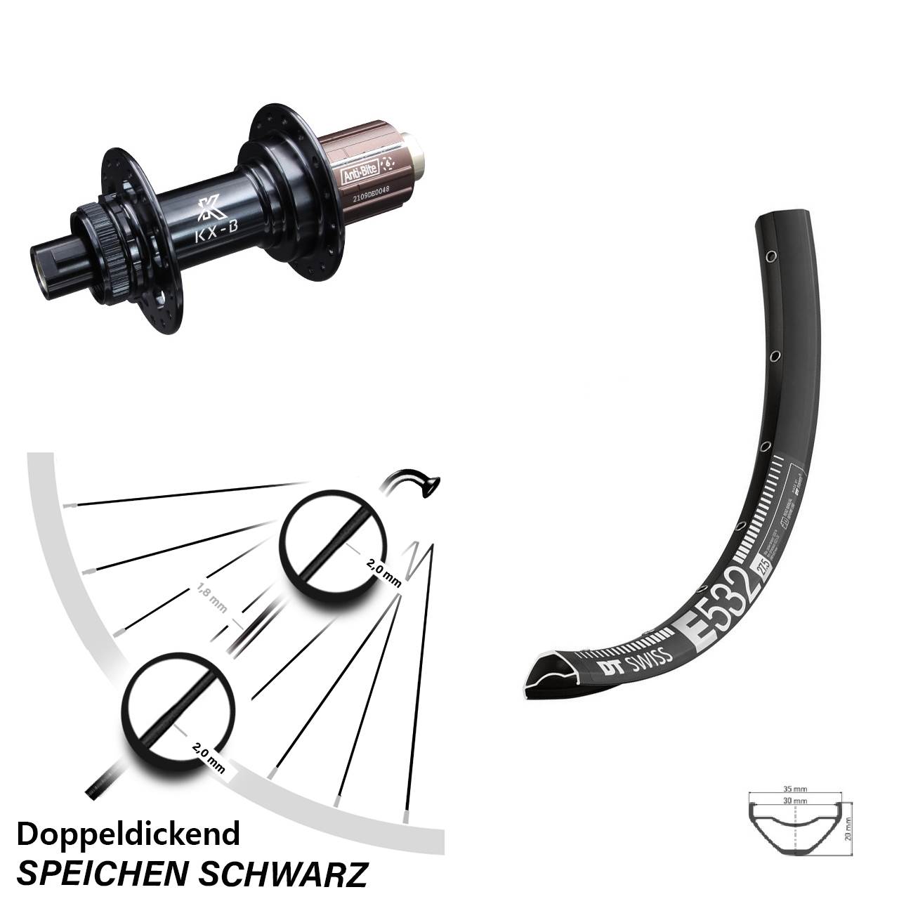 DT Swiss E 532 27,5 Zoll Hinterrad KX-B Centerlock 8-12 fach 12x148