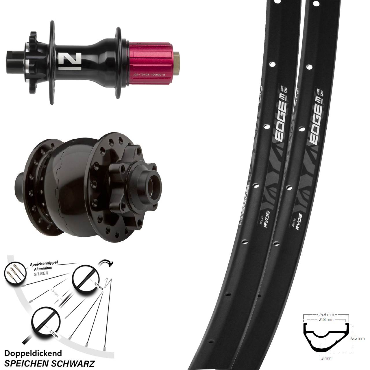 Laufradsatz Ryde Edge M22 Dynamo SON 28-15 Novatec D 792 Steckachse 11-fach 29 Zoll